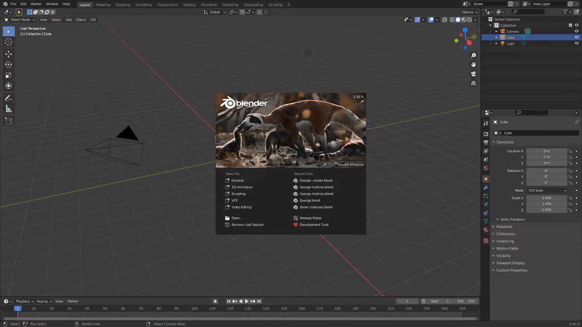 起動画面と3D編集領域が表示されたBlender 2.92のスクリーンショット